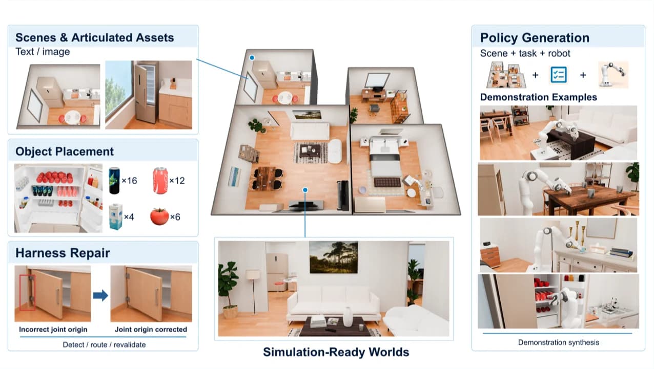 SimDataEngine components: scenes and articulated assets from text or image, object placement, harness repair correcting a joint origin, the simulation-ready worlds they produce, and policy generation with demonstration examples